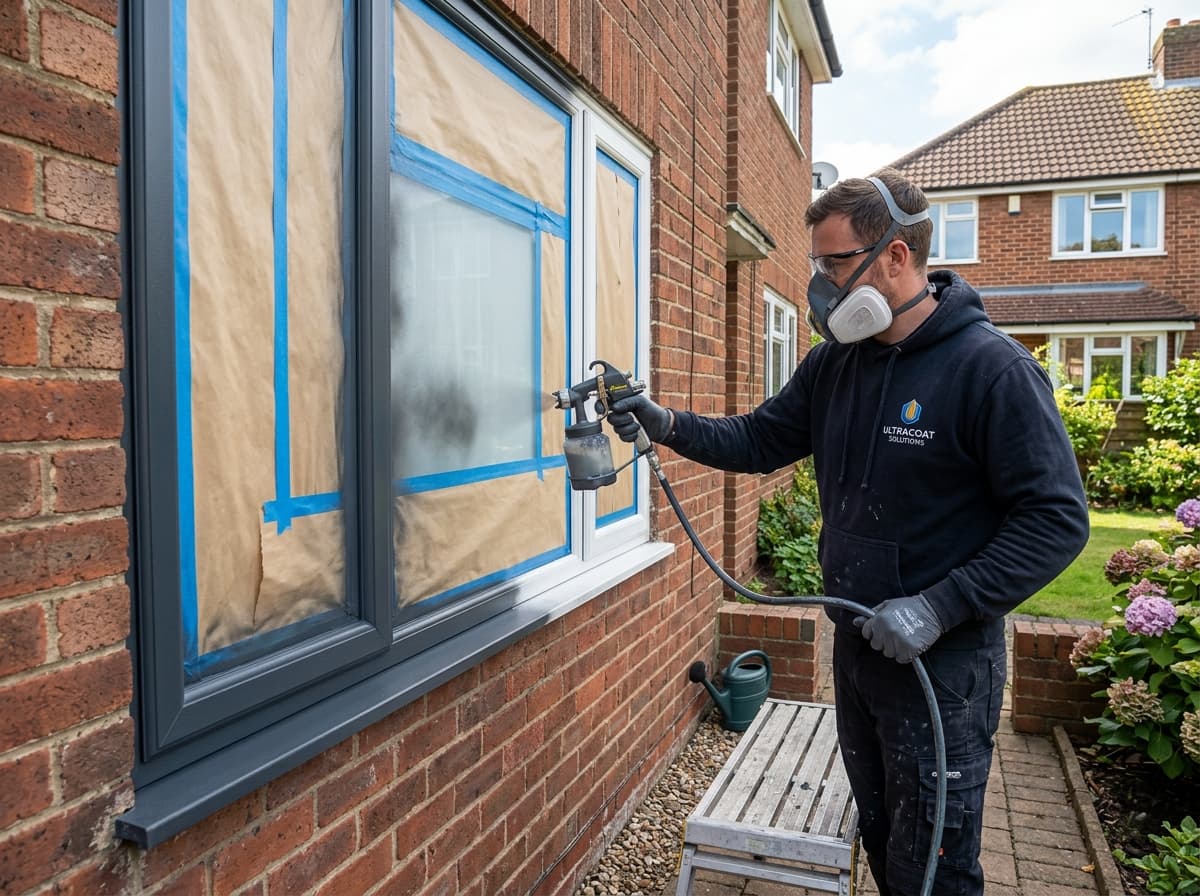 uPVC window frame being resprayed anthracite grey