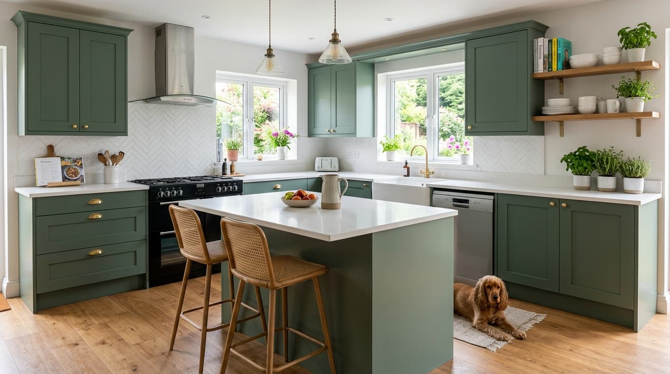 Kitchen with cabinet doors resprayed in deep sage green