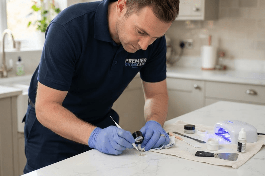 FinishWise specialist technician in black gloves performing a precision cosmetic repair on a marble kitchen worktop